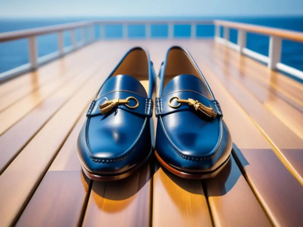 Par de elegantes mocasines de cuero en cubierta de crucero de lujo, con el mar azul y cielo despejado