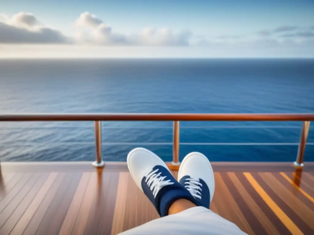 Un par de elegantes zapatos blancos para cruceros en cubierta de madera, con detalles náuticos y vista al mar