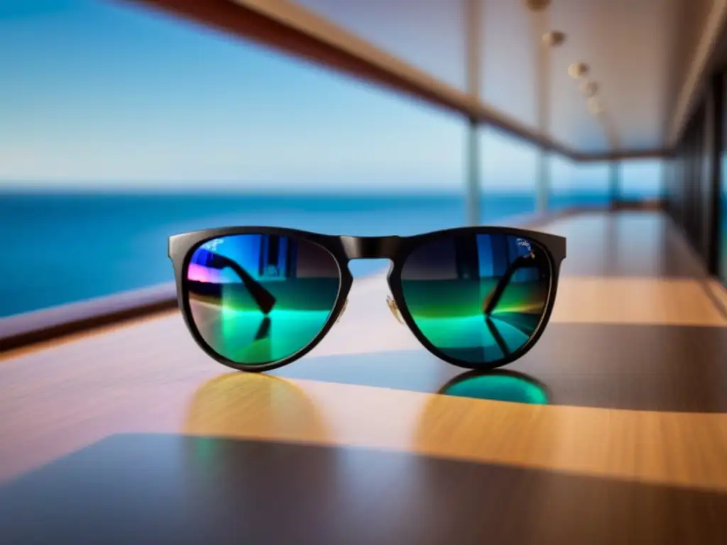 Un par de gafas de sol para cruceros reflejando un lujoso barco en el mar