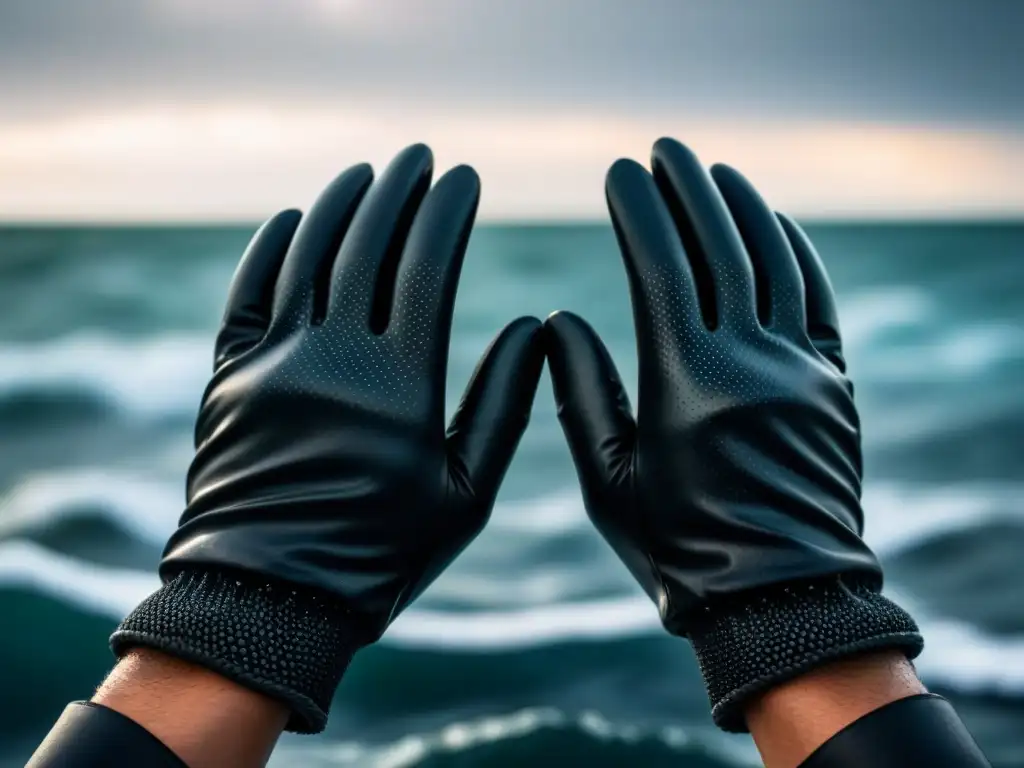 Un par de manos enfundadas en guantes negros impermeables agarran con fuerza una gruesa cuerda frente al mar tormentoso