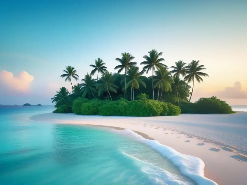 Paradisíaca isla privada con aguas turquesas y playa de arena blanca, rodeada de palmeras