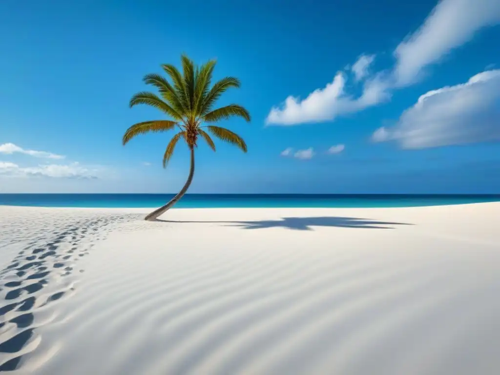 Un paraíso de arena blanca y aguas turquesas, con una palmera solitaria