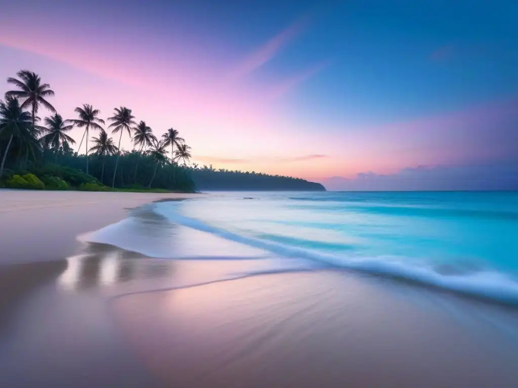 Un paraíso en calma: playa prístina con aguas turquesas, atardecer rosado y palmeras