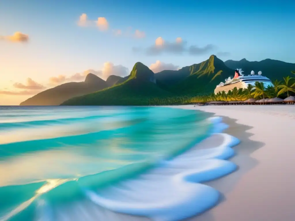 Un paraíso caribeño sereno con aguas turquesas, arena blanca y un crucero al atardecer