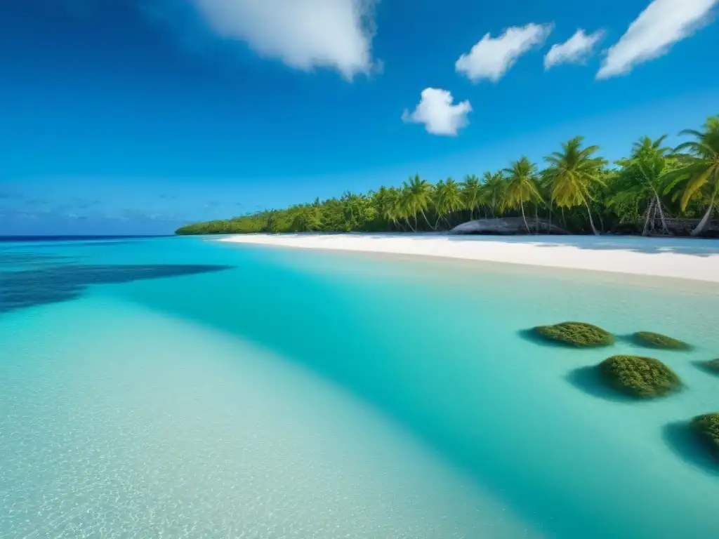 Un paraíso costero con aguas turquesas y arena blanca, rodeado de palmeras y un arrecife de coral colorido