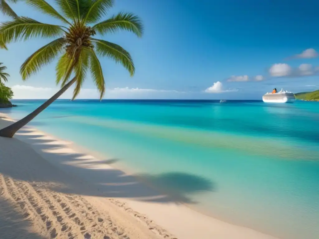 Un paraíso costero con playa prístina, aguas turquesas y un crucero, ejemplificando turismo marítimo responsable