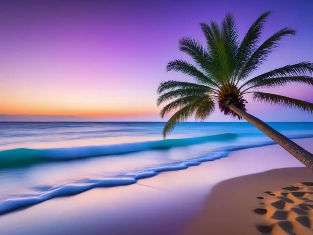 Un paraíso ecoamigable menos conocido: playa serena al atardecer, aguas turquesas y palmera solitaria contra cielo pintado en rosa, naranja y morado