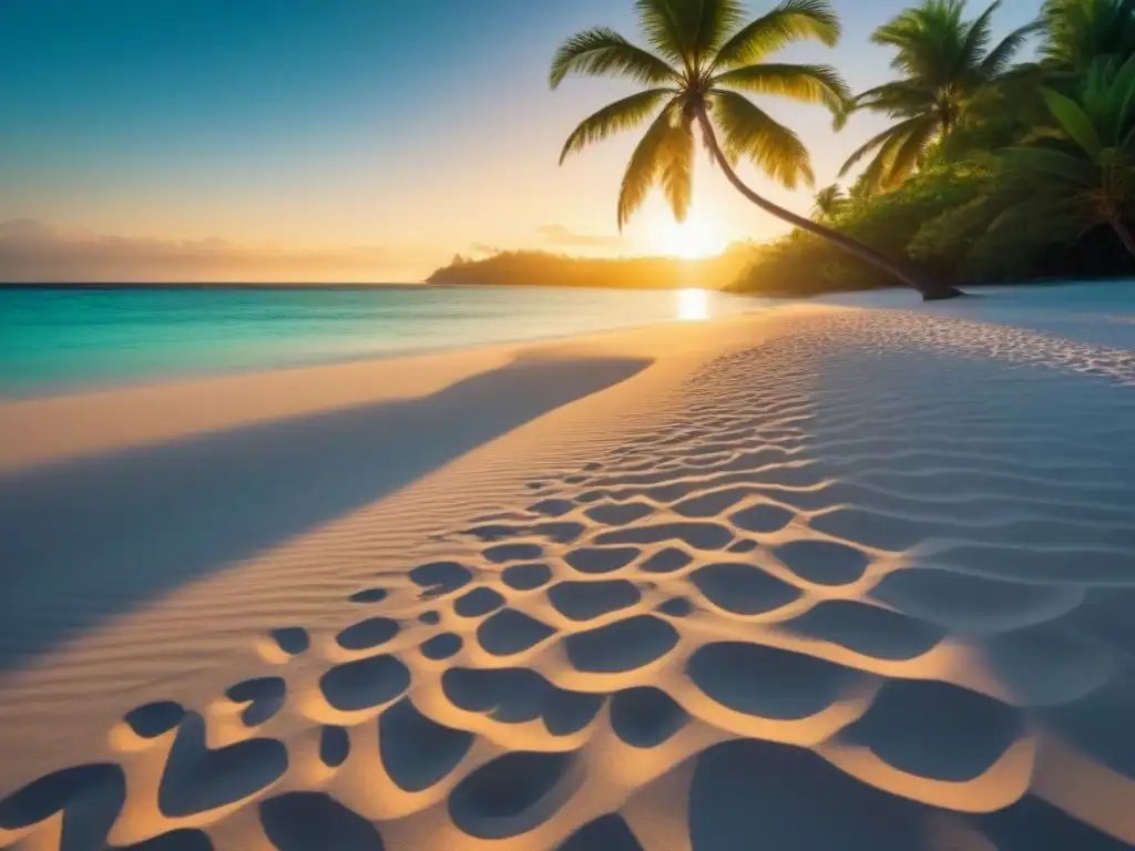 Un paraíso escondido con aguas turquesas, arena blanca, palmera solitaria y atardecer dorado