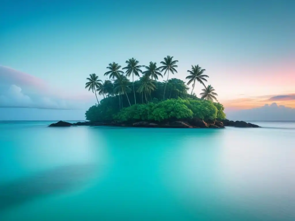 Un paraíso escondido y exclusivo: isla con aguas turquesas, palmeras verdes y atardecer pastel