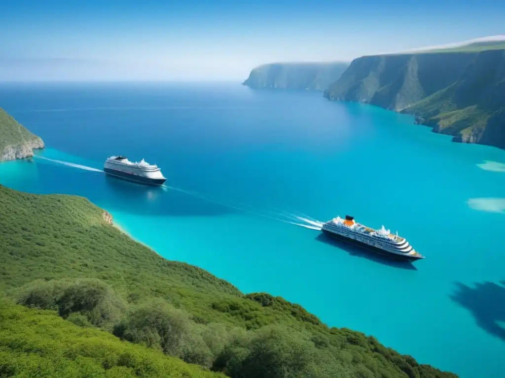 Un paraíso escondido: bahía turquesa rodeada de acantilados verdes, un crucero elegante al fondo