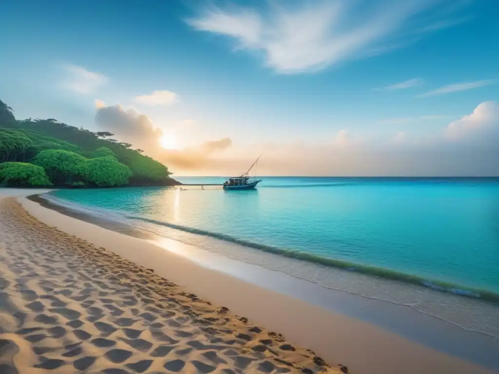 Un paraíso escondido: playa solitaria con aguas cristalinas, vegetación exuberante y un bote de pesca cerca de la orilla