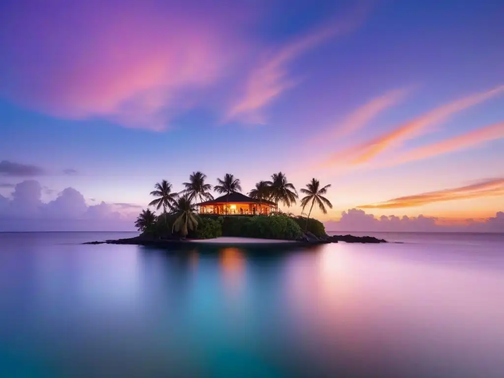 Un paraíso exclusivo al atardecer: una isla privada con villa de lujo, reflejos en el mar, palmeras y cielo pastel