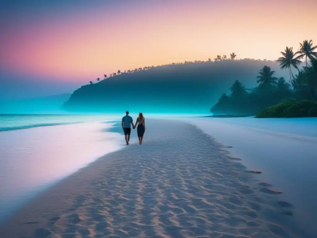 Un paraíso exclusivo para una escapada romántica, con una pareja caminando de la mano al atardecer en una isla privada