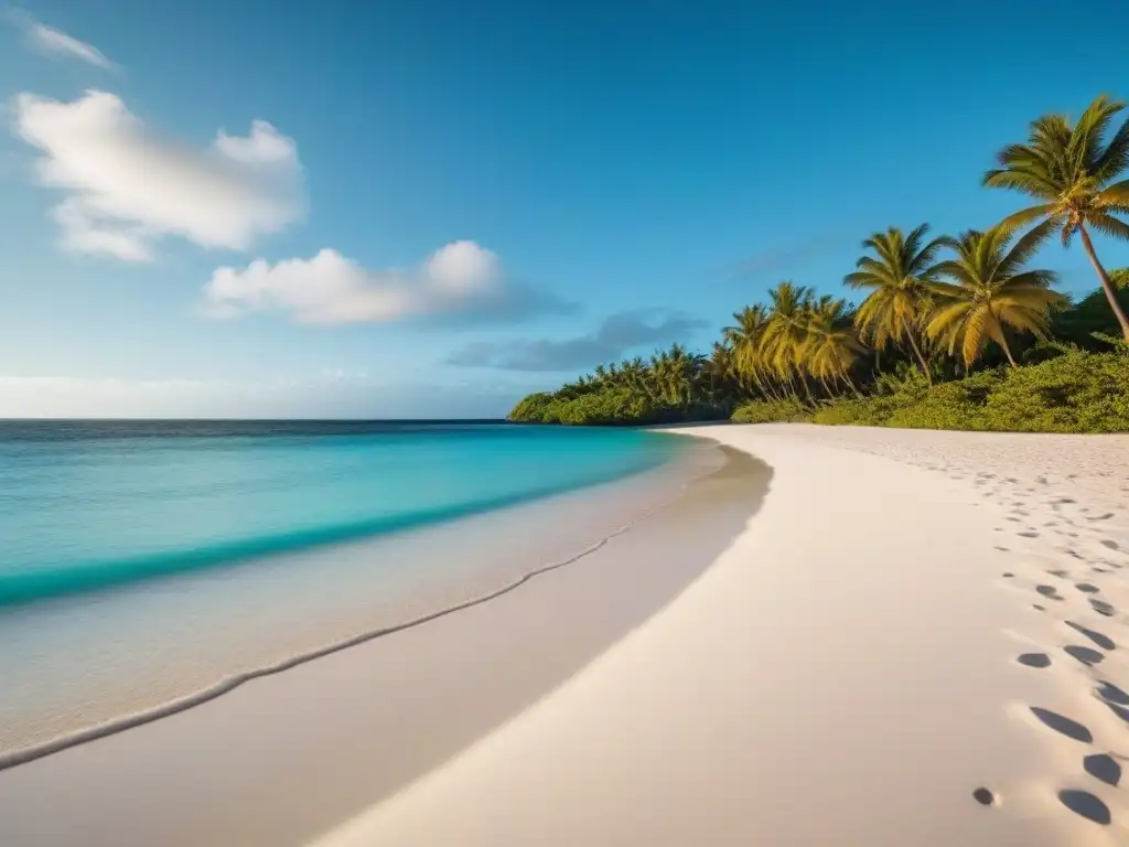 Un paraíso exclusivo en el Caribe: playa privada con aguas turquesas y arena blanca, palmeras y cielo azul