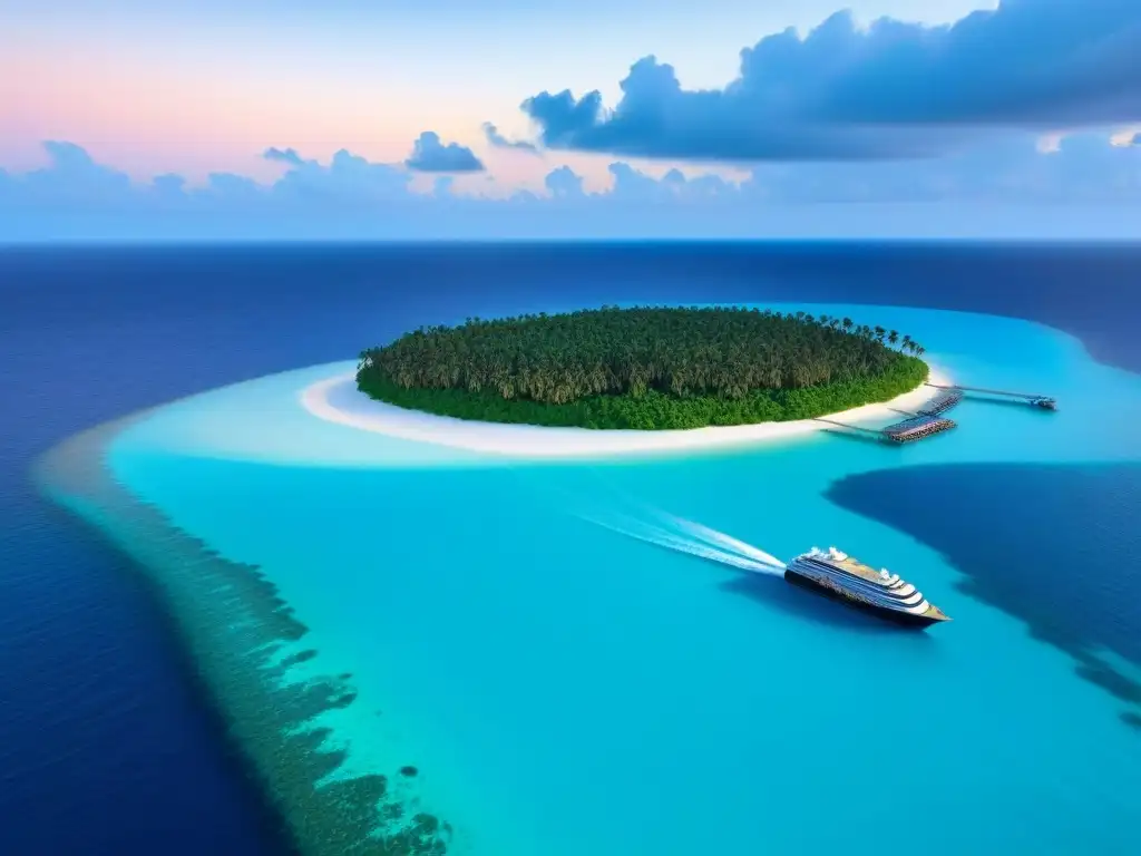 Un paraíso exclusivo: isla privada rodeada de aguas turquesas, palmeras verdes y un crucero en el horizonte al atardecer