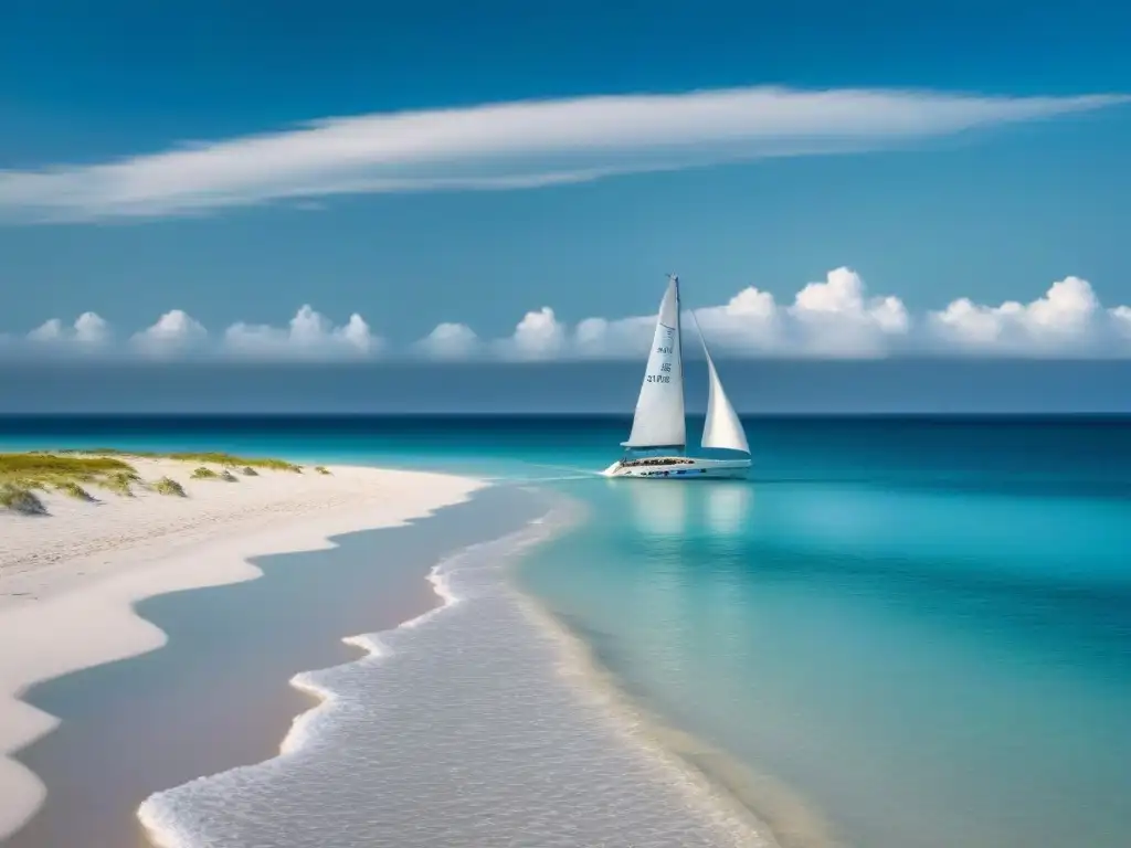 Un paraíso exclusivo de turismo marítimo sin multitudes: playa de arena blanca, aguas turquesas y un velero elegante navegando