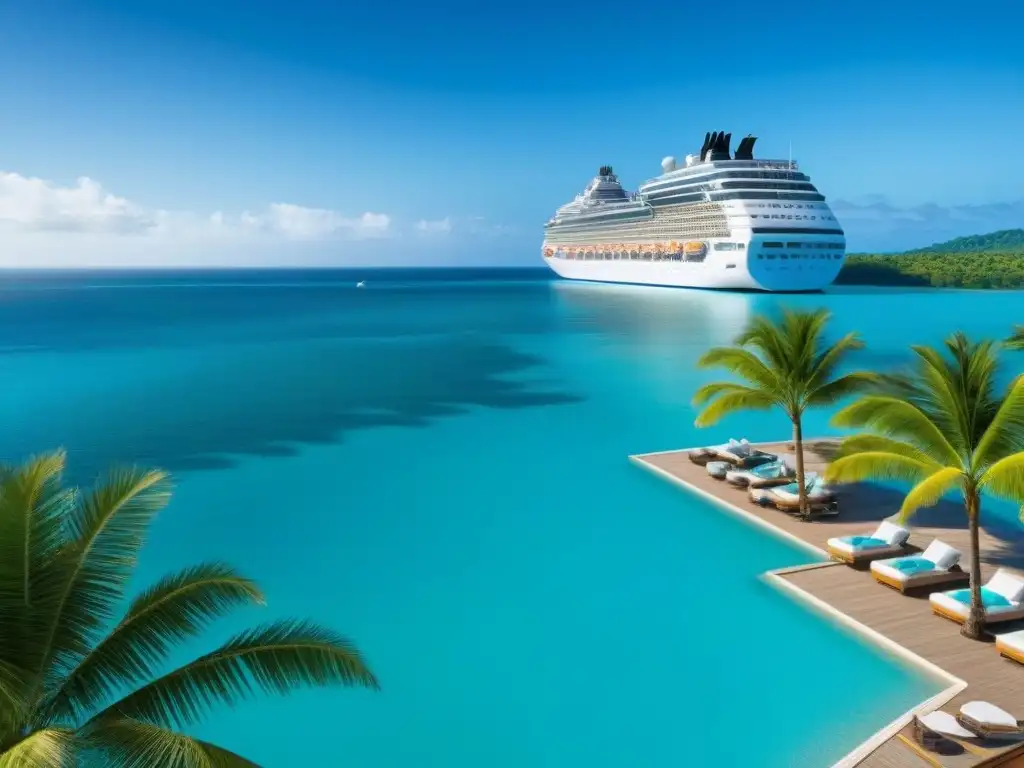 Un paraíso exótico: un lujoso crucero blanco en un puerto tropical, aguas turquesas y sol brillante