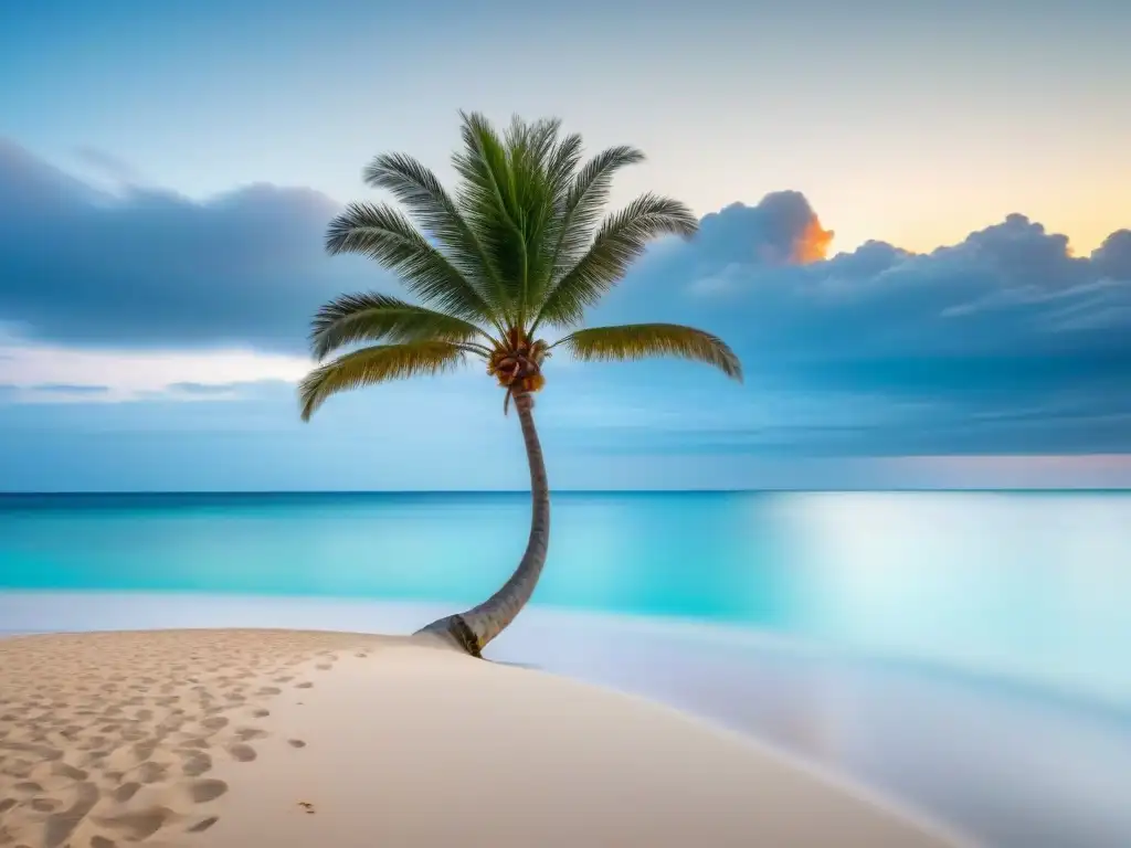 Paraíso intocado: playa cristalina y palmera solitaria Un paraíso intacto: playa virgen, aguas cristalinas y una palmera solitaria