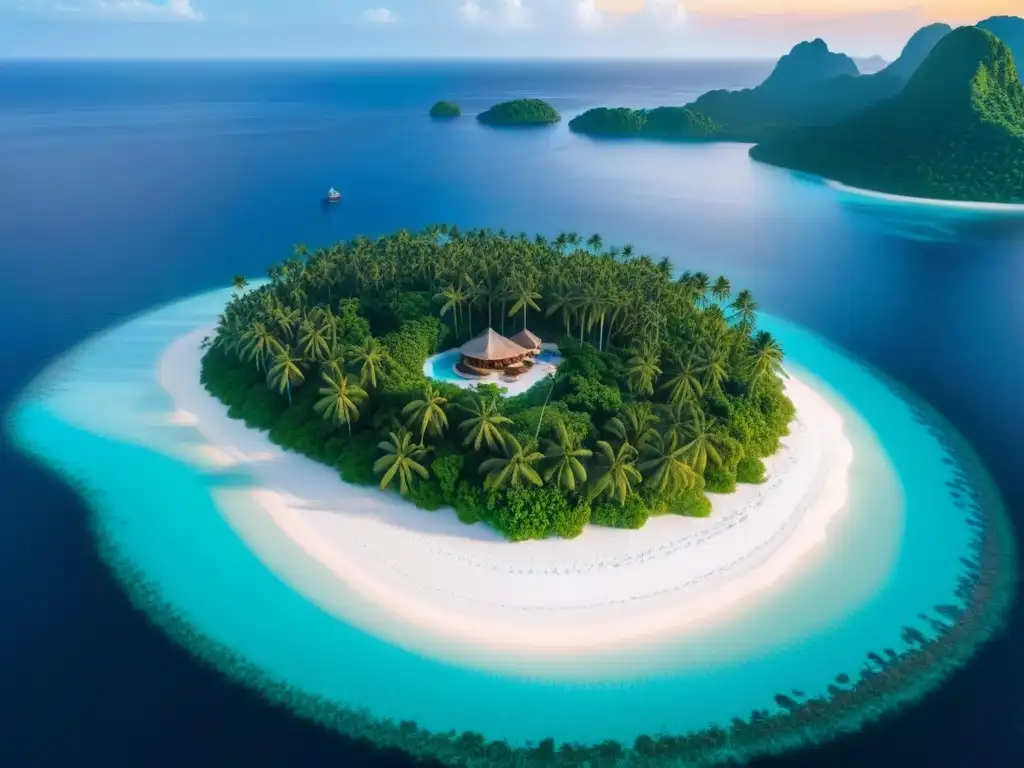 Un paraíso de islas privadas lujosas acceso: playas de arena blanca, aguas turquesas y un yate moderno acercándose al atardecer vibrante