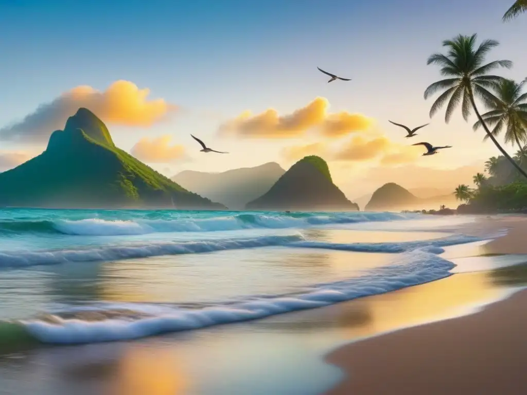 Un paraíso natural en una playa virgen al amanecer, con olas suaves, aves coloridas y palmeras