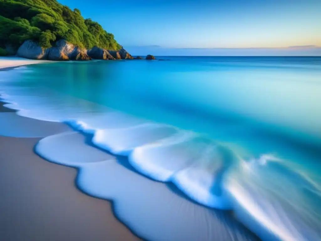 Un paraíso natural: playa serena con aguas turquesa, vegetación exuberante y cielo azul