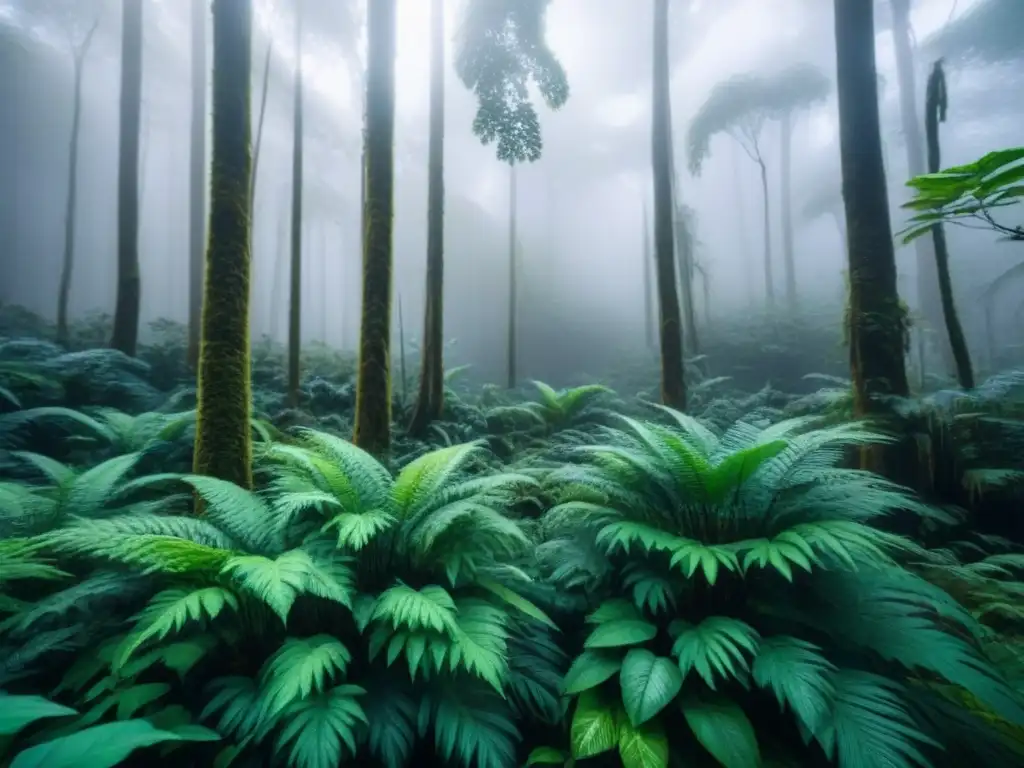 Un paraíso natural en la selva con follaje verde vibrante y una suave neblina