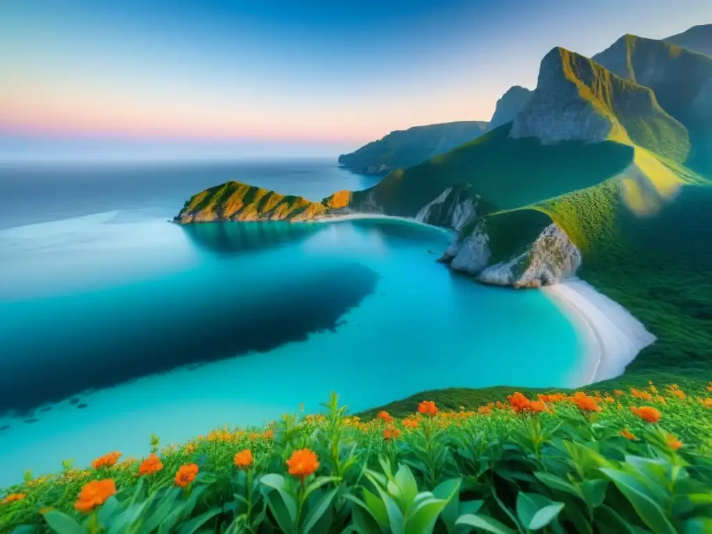 Un paraíso oculto: cala tranquila con aguas turquesas, acantilados verdes y flores vibrantes bajo cielo azul