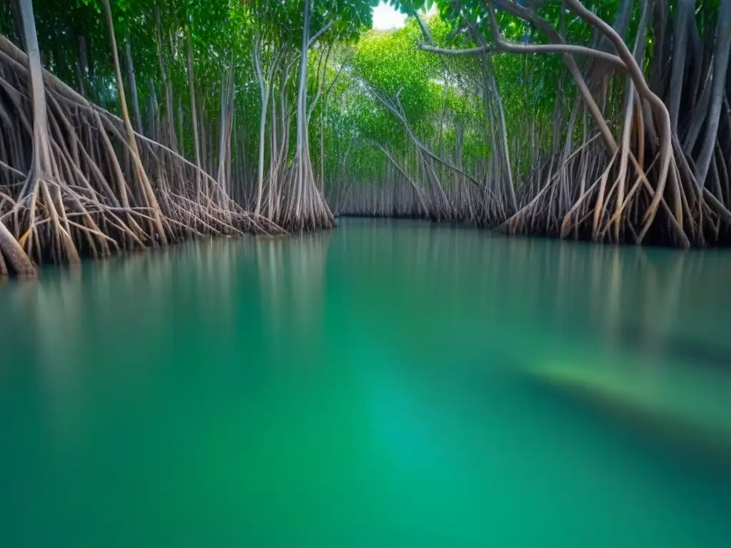 Un paraíso de paz en un denso manglar verde, con raíces sumergidas creando un patrón hipnótico