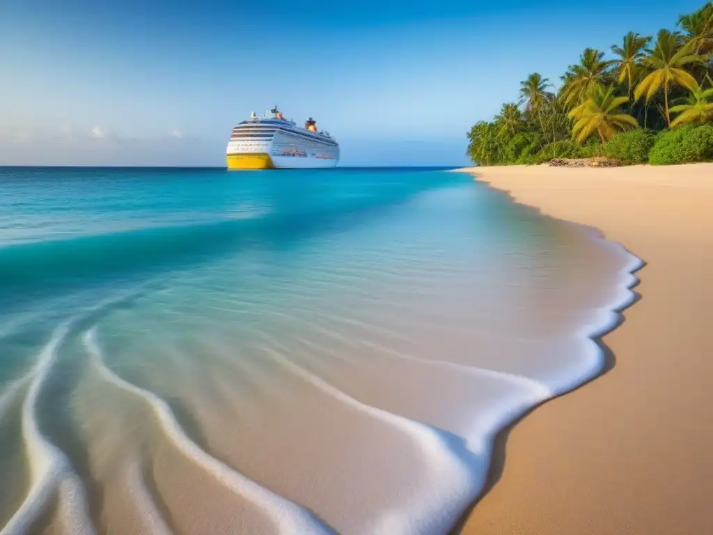 Un paraíso de playa con aguas cristalinas y arena dorada, con un crucero al fondo, ilustrando la gestión de residuos en cruceros