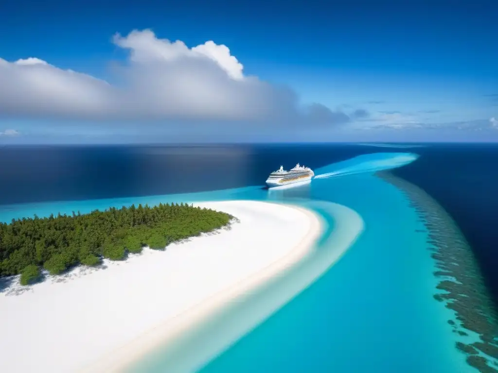 Un paraíso de playa con aguas turquesas y un crucero de lujo, ideal para actividades ecológicas en cruceros de lujo