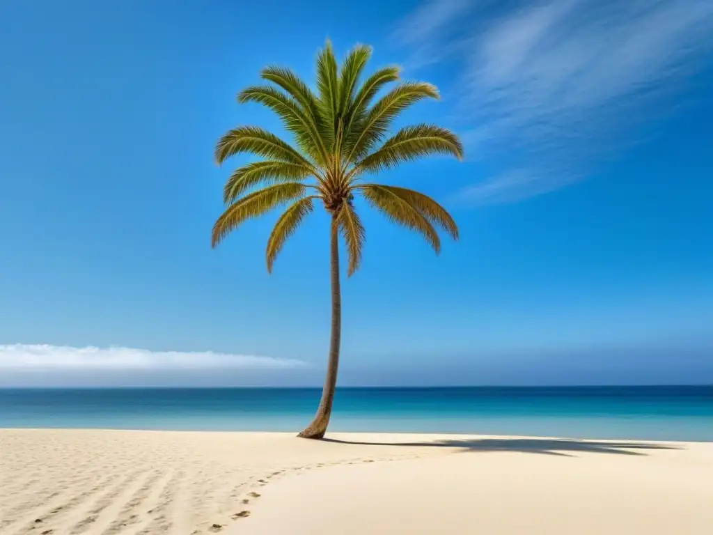 Un paraíso prístino con aguas turquesa, una palmera solitaria y un cielo azul