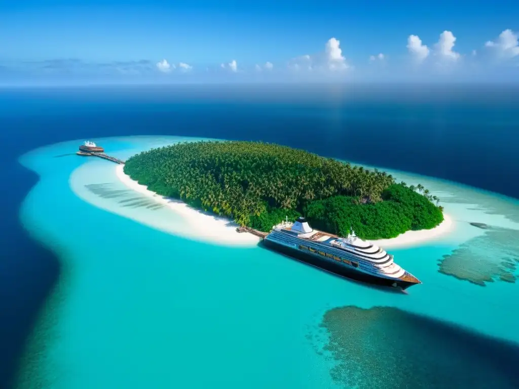 Un paraíso privado rodeado de aguas turquesa, con un crucero elegante en el muelle