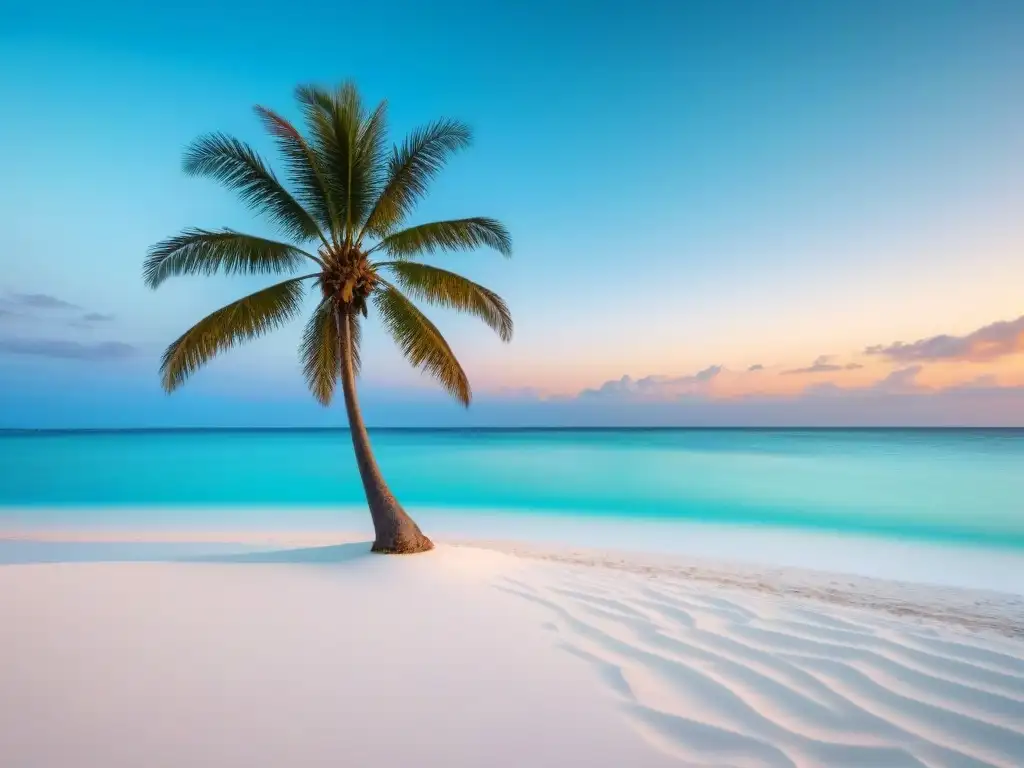 Un paraíso sereno: una isla privada rodeada de aguas cristalinas y una palmera solitaria en la arena blanca