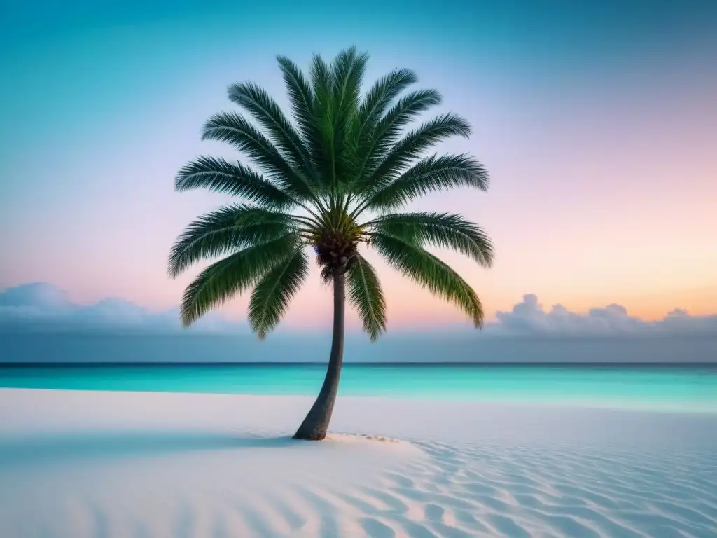 Un paraíso sereno: isla privada con aguas turquesas, playa de arena blanca, palmera solitaria y atardecer pastel