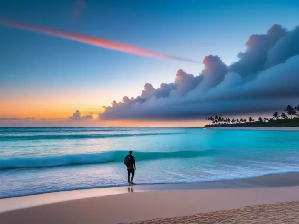 Un paraíso marítimo sostenible con aguas turquesas y palmeras al atardecer, evocando serenidad y turismo marítimo ecológico consciente