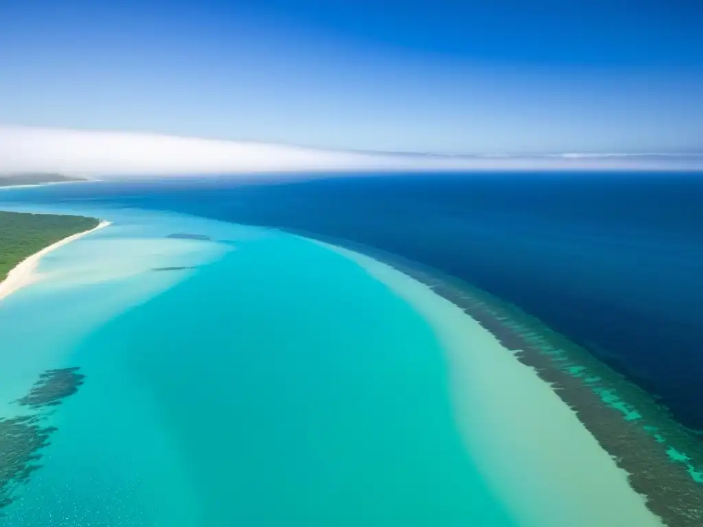 Un paraíso marítimo sostenible con aguas turquesas, olas suaves y costa verde, bajo un cielo azul