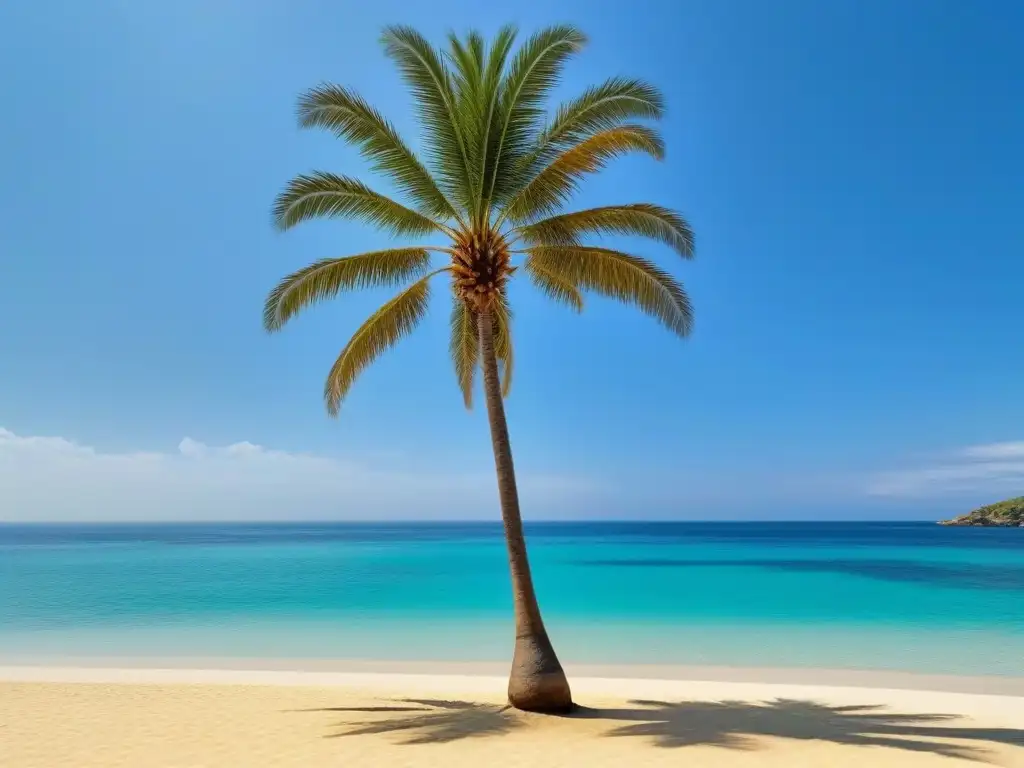 Un paraíso de tranquilidad en la playa con aguas cristalinas, arena dorada y una palmera solitaria