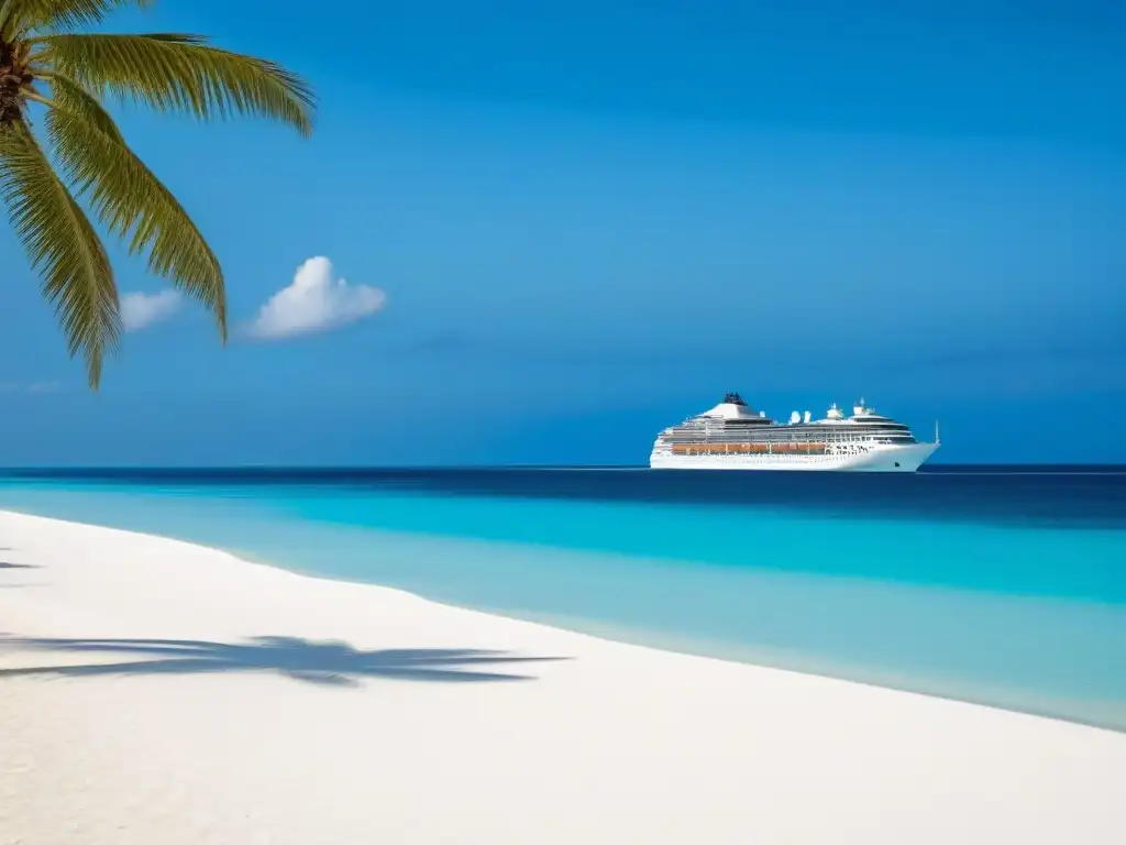 Un paraíso tranquilo y lujoso en una playa de arena blanca con palmeras altas y un crucero anclado en el horizonte