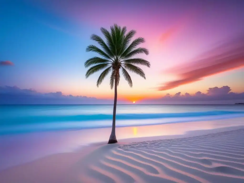 Un paraíso tropical con playa de arena blanca, aguas turquesas, palmera y atardecer naranja y rosa