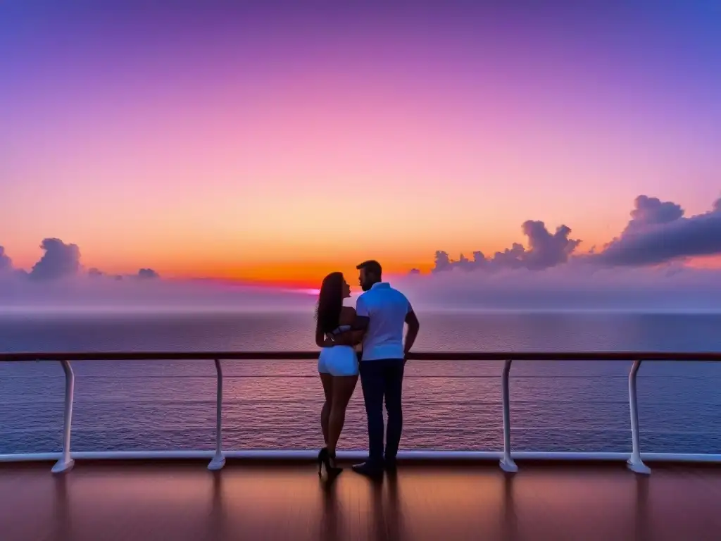 Una pareja abrazada en la cubierta de un lujoso crucero al atardecer, rodeados de la cálida luz del sol