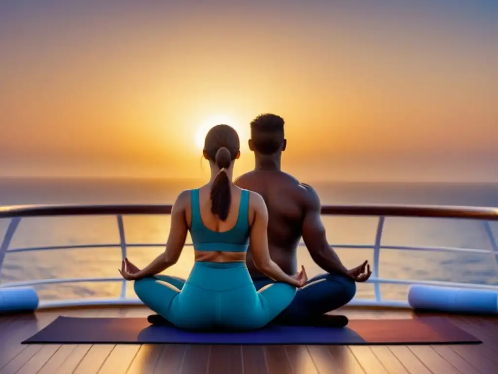 Una pareja en armonía practicando yoga al atardecer en un crucero de lujo