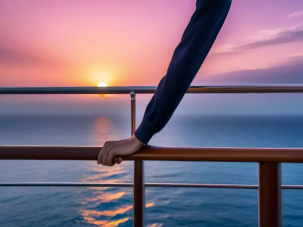 Una pareja se une en el atardecer de un lujoso crucero, con el vasto océano en tonos rosados y naranjas