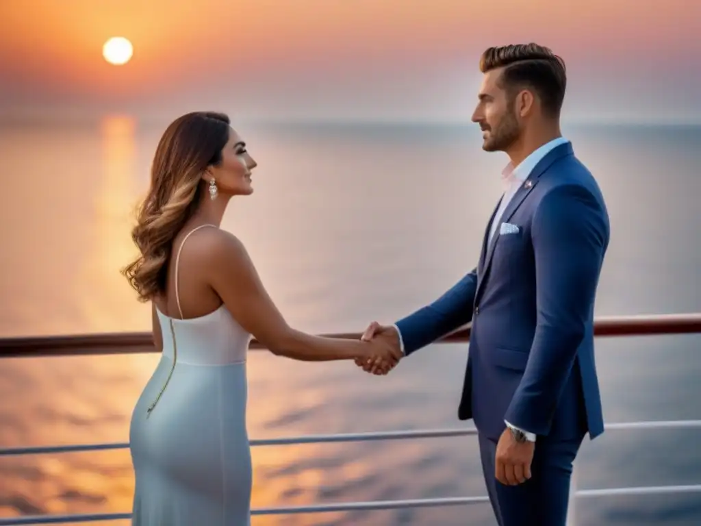 Una pareja se abraza en un crucero al atardecer, con el mar de fondo en tonos cálidos