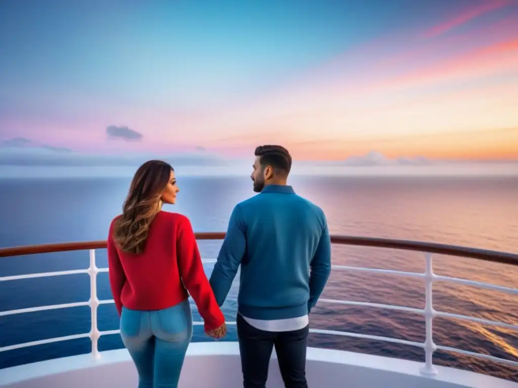 Una pareja se une en un crucero de bienestar al atardecer, contemplando el vasto mar en tranquilidad