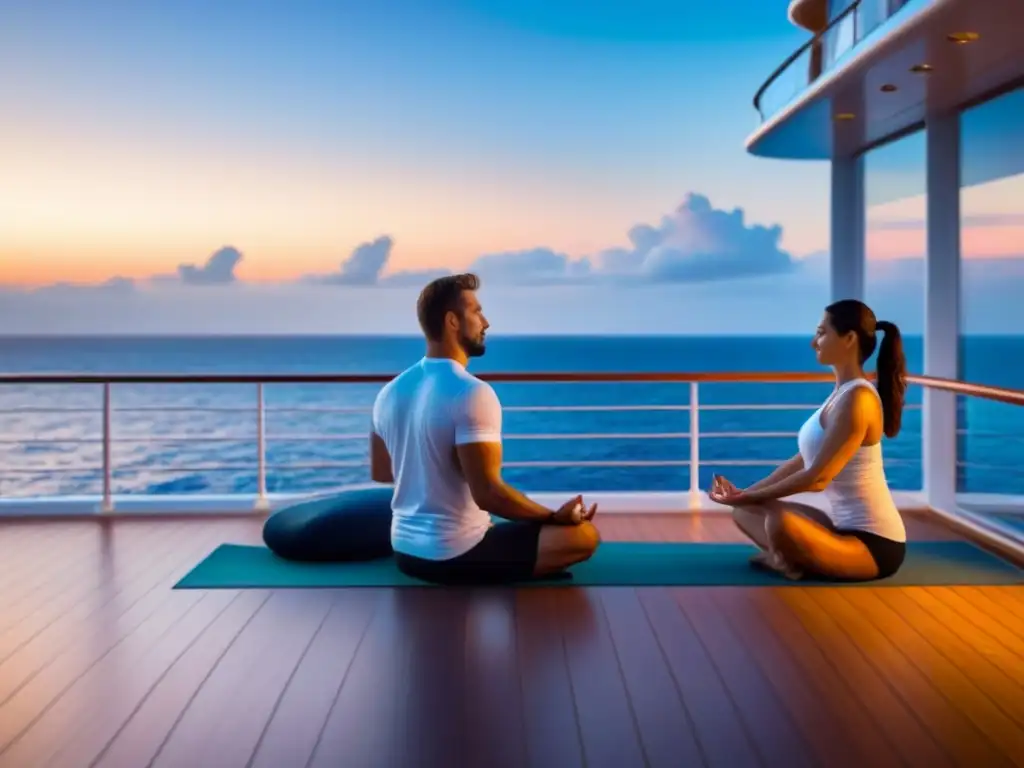 Una pareja practica yoga en cubierta de crucero al atardecer, reflejando paz y relajación