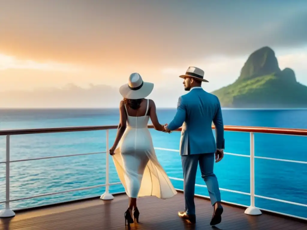 Una pareja elegante pasea al atardecer en un lujoso crucero en el Caribe