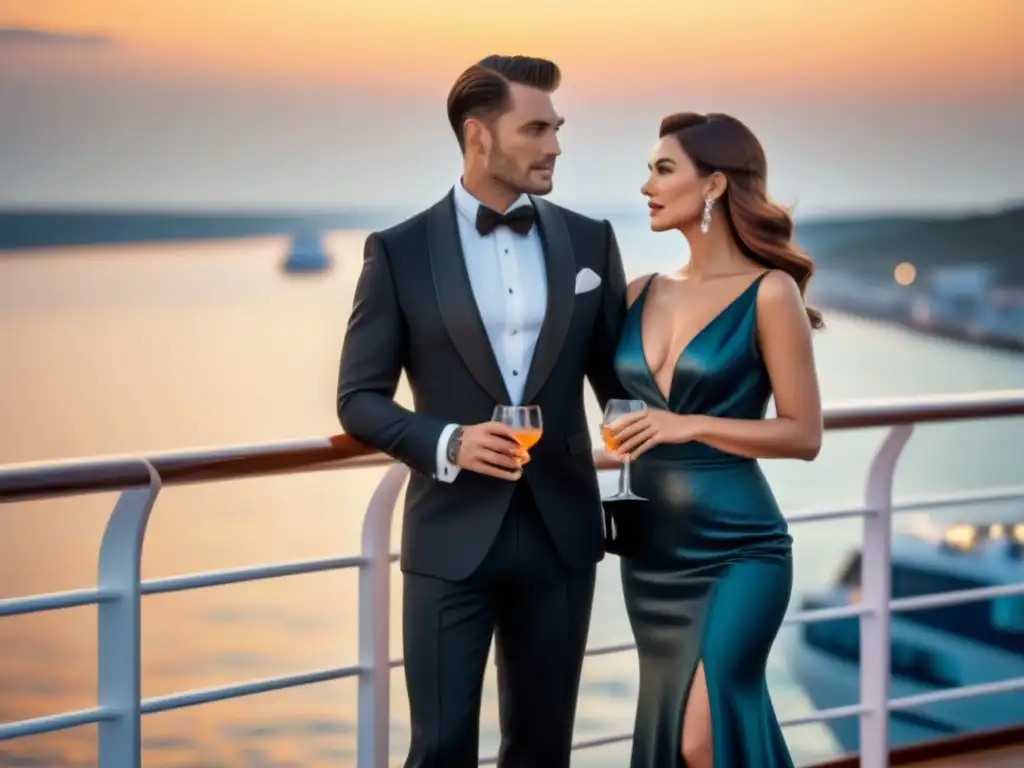 Una pareja elegante en un crucero al atardecer, luciendo vestimenta cocktail eventos mar marítimo