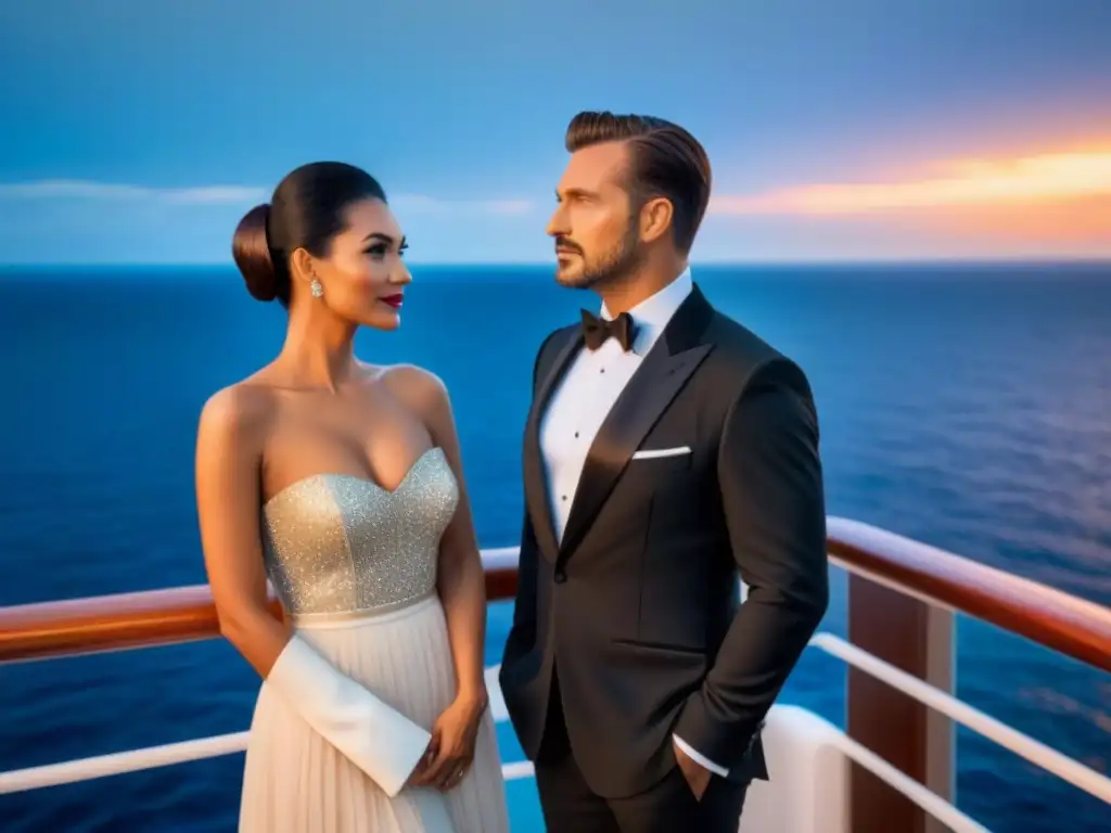 Pareja elegante en un crucero al atardecer, ideal para eventos de gala en cruceros