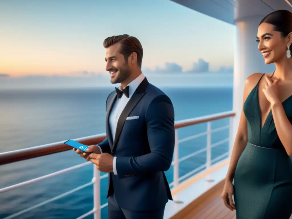 Una pareja elegante en un crucero de lujo, la mujer sonríe mientras el hombre entrega una tarjeta al concierge