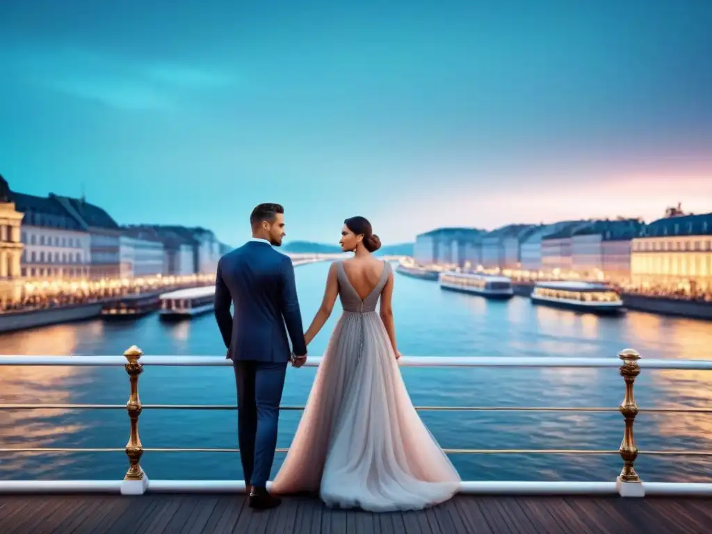 Una pareja elegante en un crucero por Europa, con trajes sofisticados y telón de fondo de emblemáticos paisajes europeos